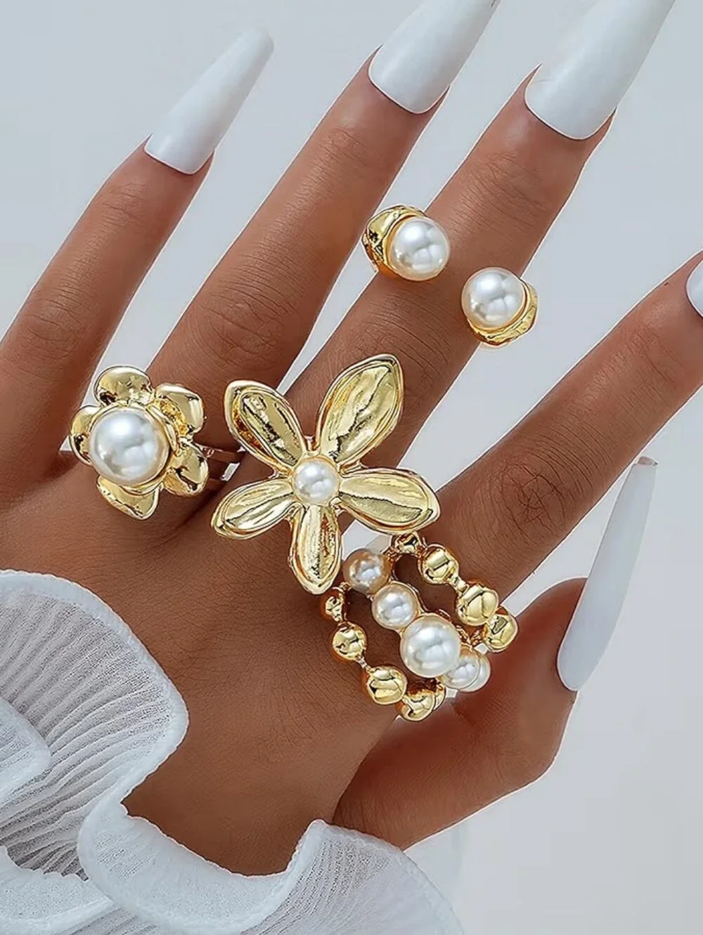 Chunky Gold Ring Set Boho Flower Baroque Pearl Rings Adjustable Stackable - Picture 1 of 4